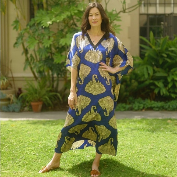 Winlar Blue Elephant Print Long Satin Kaftan Luxury Loungewear Blue One Size - Picture 1 of 8